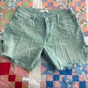 Vervet Green Distressed Jean Shorts with Raw-Edge Hem